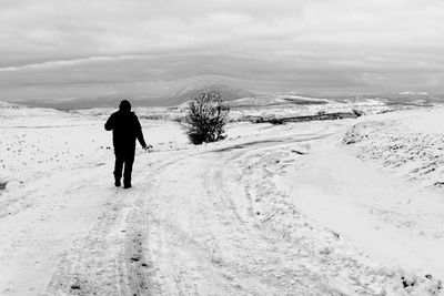 Rear view of man walking on snow covered landscape