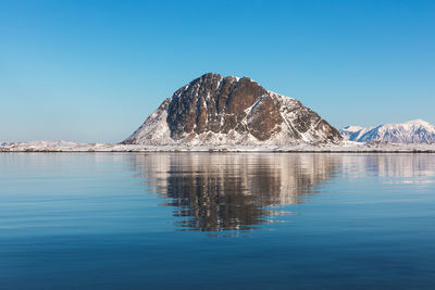 Scenic view of lake against clear blue sky