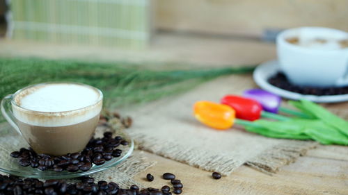 Close-up of coffee cup on table