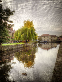 Reflection of trees in water against sky