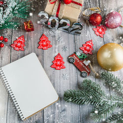 High angle view of christmas decoration on table