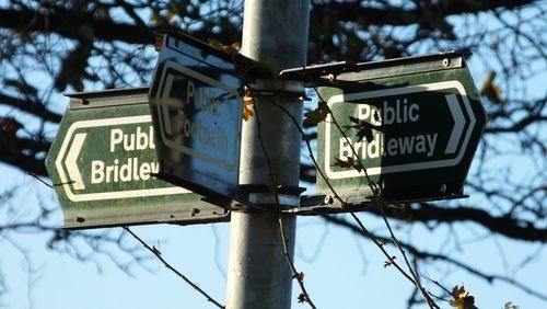 Low angle view of information sign against sky