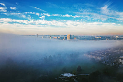 High angle view of buildings in city against sky