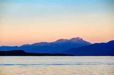 Scenic view of sea and mountains against clear sky