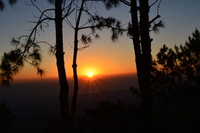 Silhouette trees against romantic sky at sunset