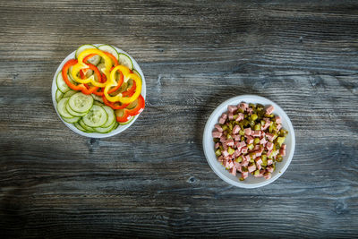 High angle view of fruit salad in bowl on table