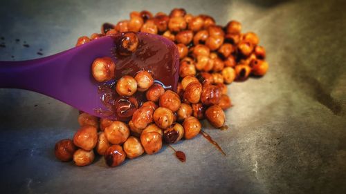 Close-up of hazelnuts in plate at home