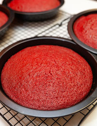 Red velvet cake cooking. baked batter in baking forms.