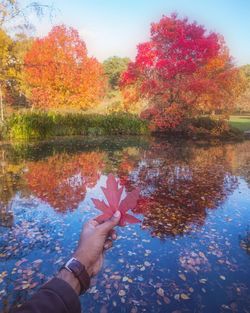 Reflection of person on lake during autumn