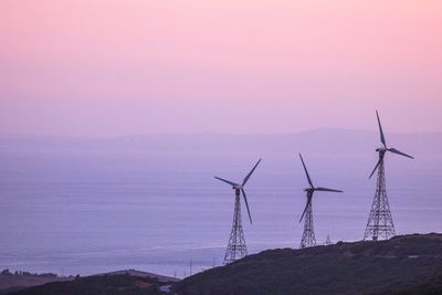 Wind turbines on landscape against sky during sunset