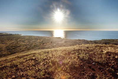 Scenic view of sea against bright sun