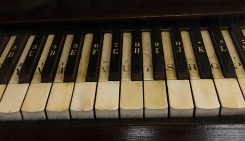 High angle view of old piano