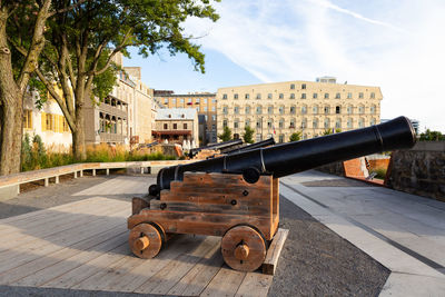 Side view of cannons on the 17th century royal battery patrimonial site, old quebec