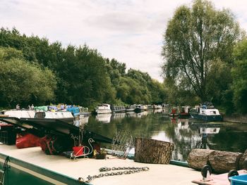 Boats moored on river by trees against sky