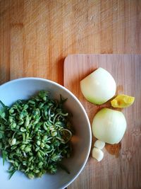 High angle view of salad in bowl on table