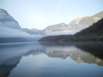 Scenic view of lake and mountains against sky