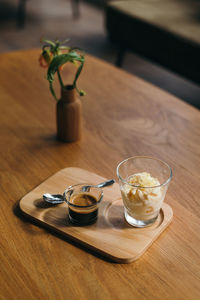 High angle view of tea in glass on table