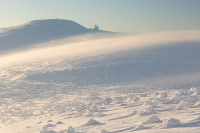 Aerial view of snowcapped mountains against sky