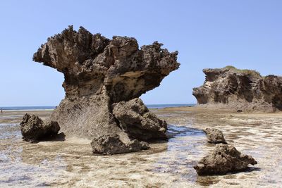 Rocks in sea against clear blue sky