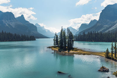 Scenic view of lake and mountains against sky