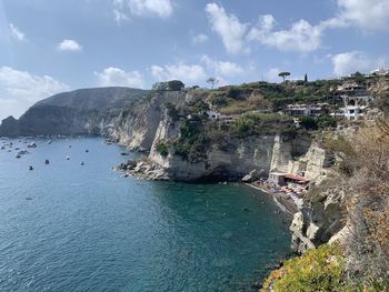 Scenic view of sea by town against sky