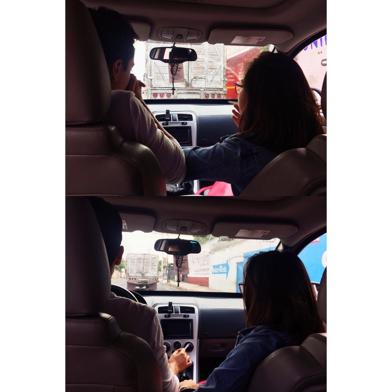 two people, vehicle interior, transportation, sitting, driving, women, car interior, heterosexual couple, mode of transport, car, lifestyles, land vehicle, young women, adult, men, technology, adults only, togetherness, vehicle seat, people, real people, smiling, passenger seat, young adult, day, outdoors