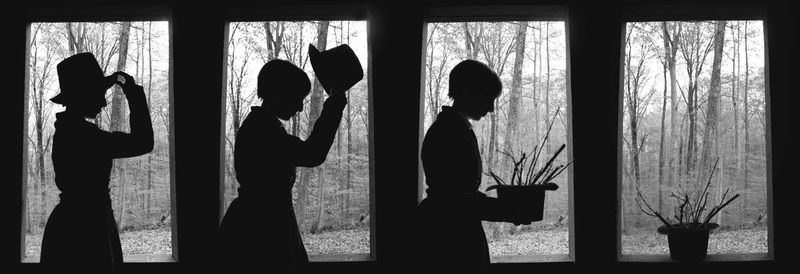 Multiple image of silhouette woman standing by window