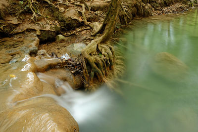 High angle view of stream flowing through rocks