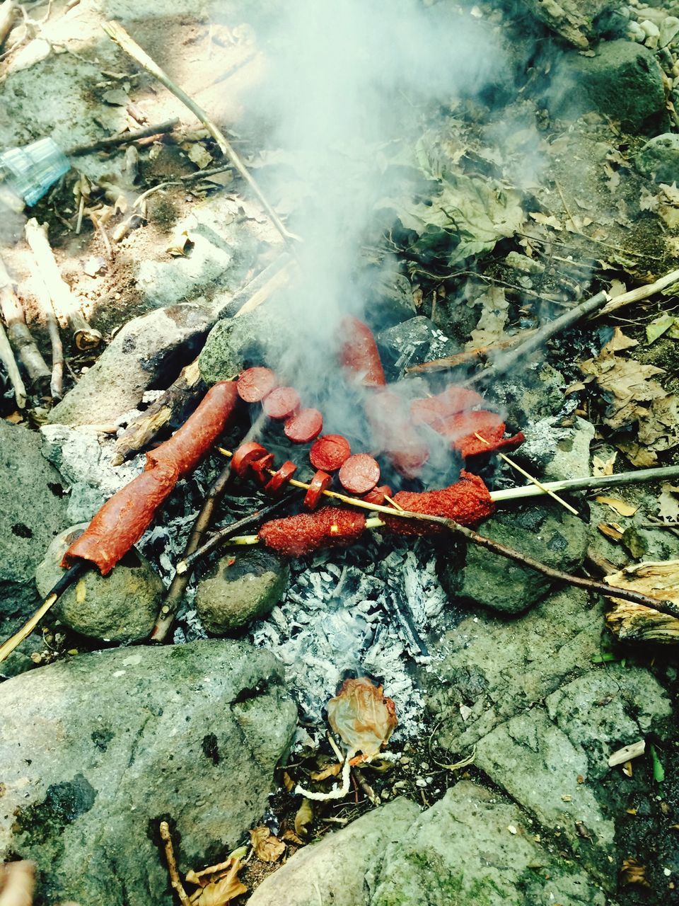 burning, rock - object, flame, orange color, fire - natural phenomenon, heat - temperature, nature, water, high angle view, autumn, leaf, outdoors, day, forest, change, bonfire, tranquility, no people, sunlight, fallen