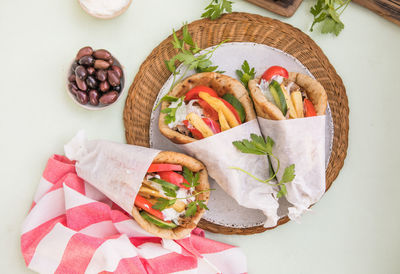 Greek chicken souvlaki ona pita with fresh vegetables with tzatziki sauce