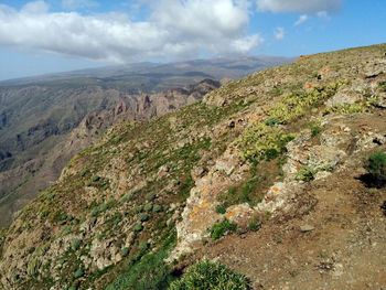 Scenic view of mountains against cloudy sky