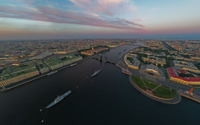 High angle view of city at sunset