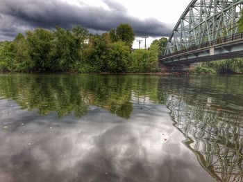 Bridge over river against cloudy sky