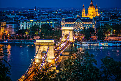 Illuminated bridge over river in city