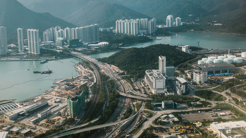 High angle view of city and buildings