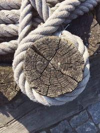 High angle view of rope tied on wood