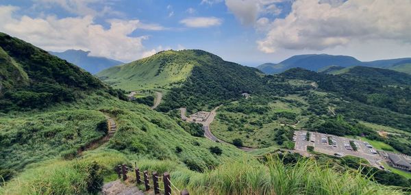 High angle view of mountains against sky