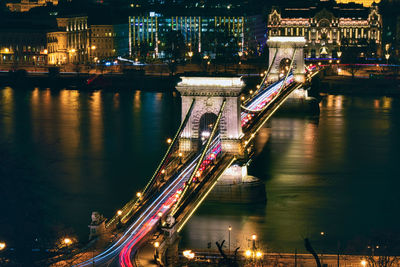 High angle view of illuminated bridge at night