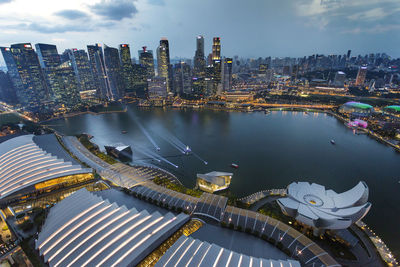 High angle view of river amidst buildings in city against sky