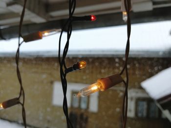 Close-up of light bulb hanging from window