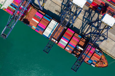 High angle view of commercial dock and shipping containers business services 