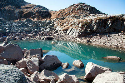 Scenic view of rocks and sea against sky