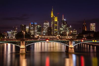 Bridge over river in city at night