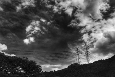 Low angle view of electricity pylon against cloudy sky