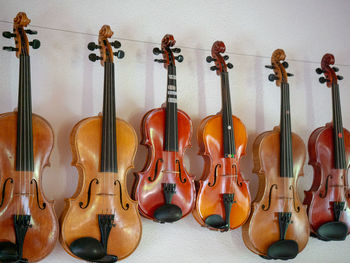 Low angle view of violins hanging on wall in store