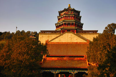 View of temple building against clear sky