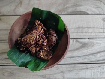 High angle view of meat in plate on table