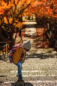 Rear view of boy walking in autumn