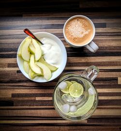 High angle view of coffee served on table