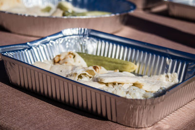 High angle view of food in container on table